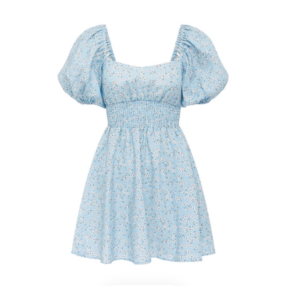 Peony Smocked Floral-print Linen Mini Dress In Sky Blue